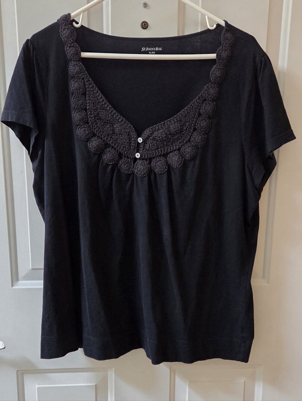 St. John's Bay Black V-neck Top With Embroidery Design